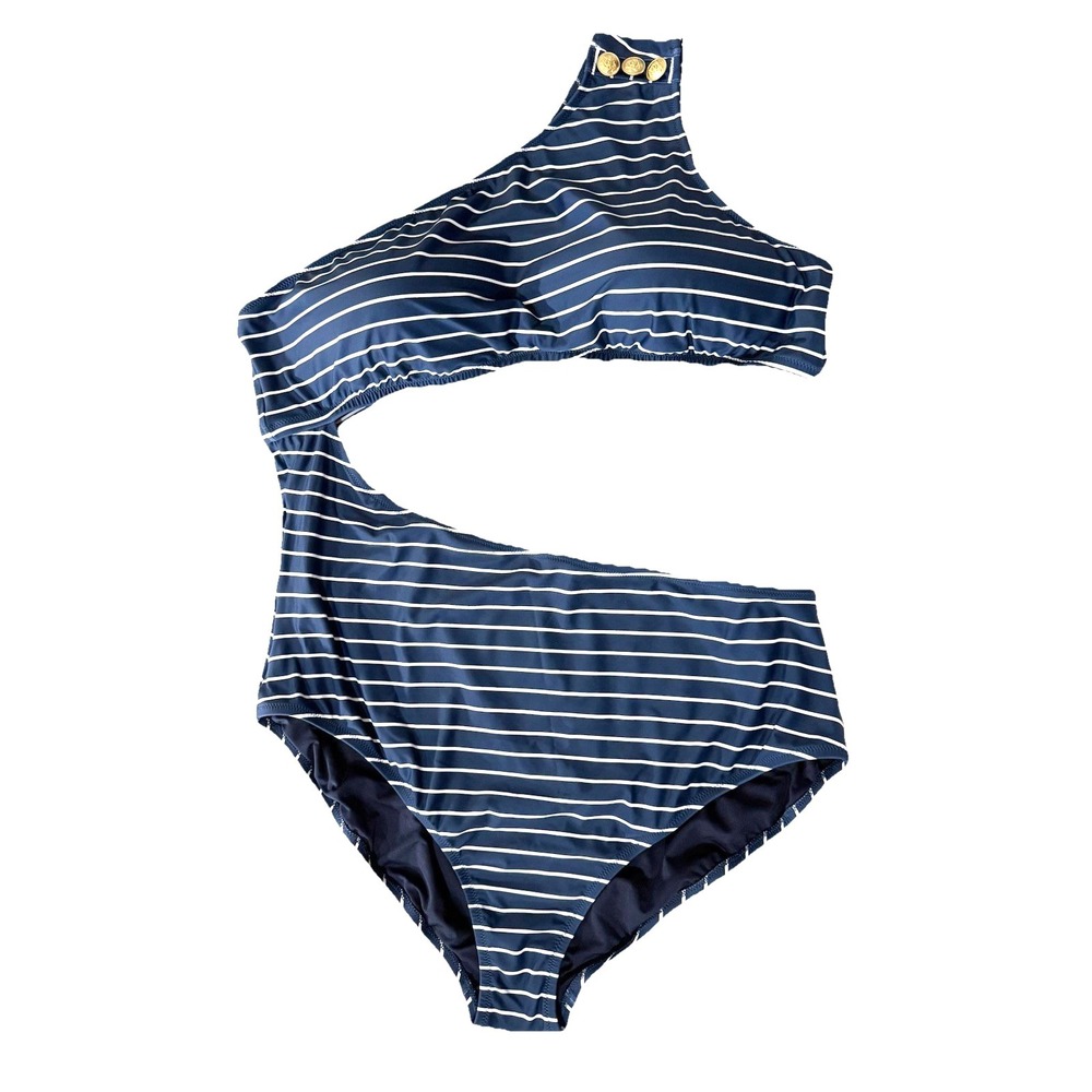 J .Crew Swimsuit 24/3X Cutout One Piece Navy Stripe Full Coverage Gold Buttons